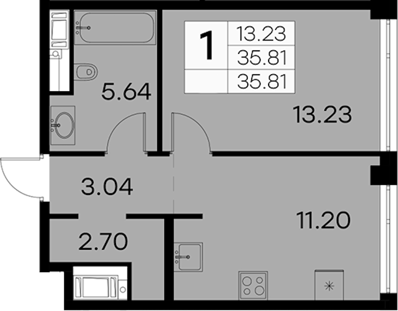 1-комнатная квартира 35.81 м², 13/19 эт., ЖК «GloraX Aura Vasileostrovsky»